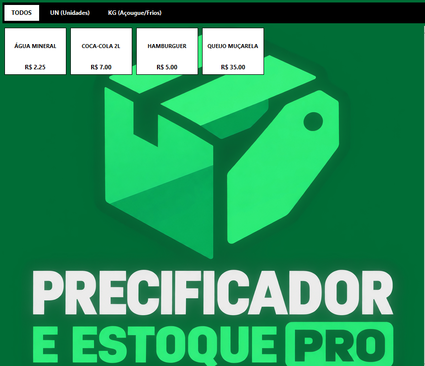 Tela real do sistema mostrando categorias e produtos cadastrados