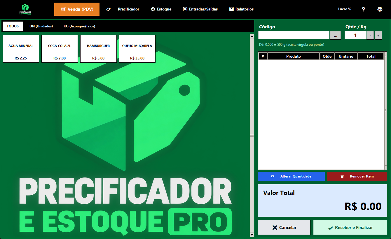 Tela real do sistema Precificador e Estoque PRO com o PDV aberto